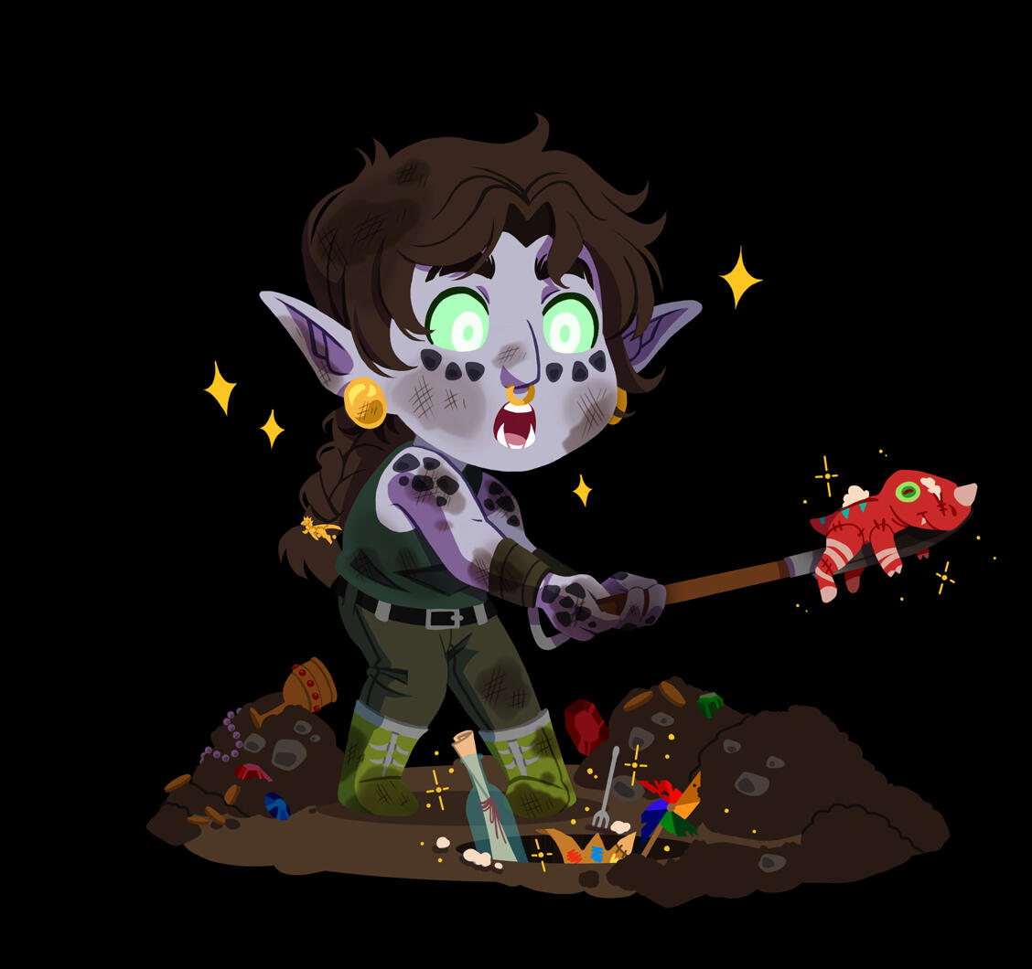 Chibi illustration of a grimy Mapache digging in a pile of treasure, gasping with delight as she pulls out a beat-up dino plushie on her shovel. Gold little sparkles surround her face.