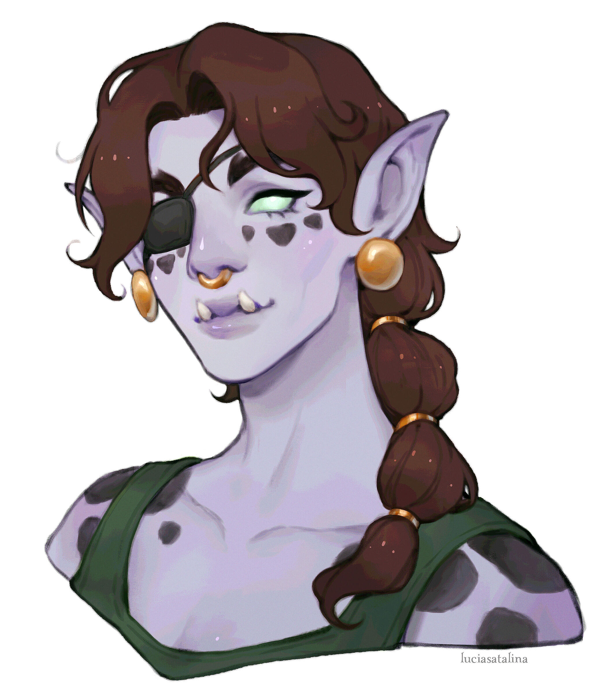 Bust illustration of Mapache, a Zandalari troll with light purple skin, green eyes, and dark brown hair. She wears an eyepatch and a subtle smirk and has gold earrings and a septum ring.